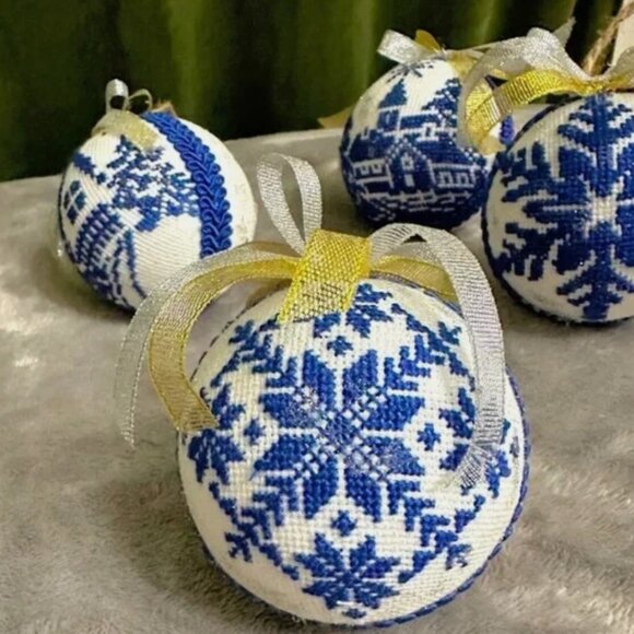 Set of 6 Handcrafted Embroidered Christmas Ornaments–Blue and White Nordic Style - Picture 7 of 13